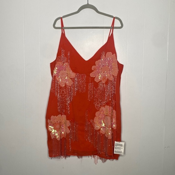 Asos Design Women's Orange Floral Beaded Sequined Mini Dress Layered size 14 - Picture 2 of 10